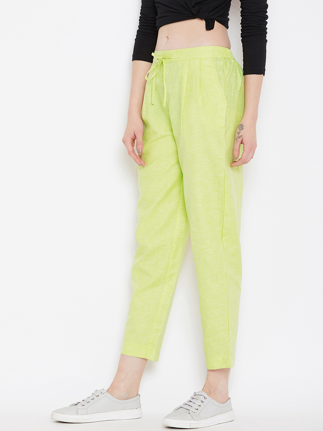 Parrot Green Cotton Cropped Pant-33534