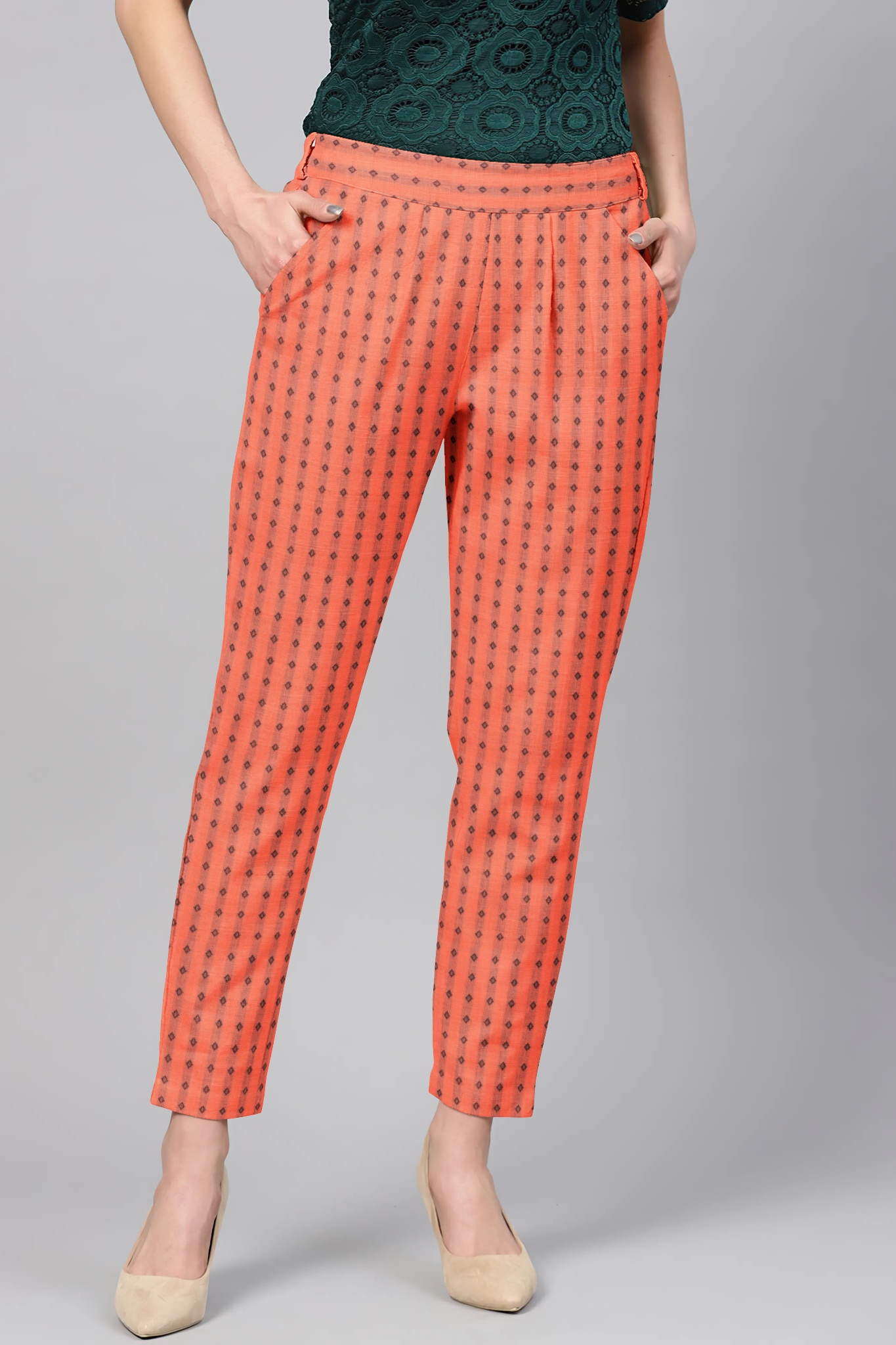 Peach Black Cotton Polka Regular Fit Solid Trouser-36082