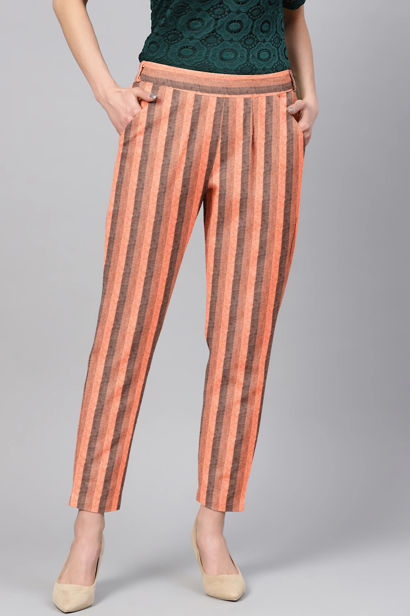 Peach Black Cotton Stripe Regular Fit Solid Trouser-36053