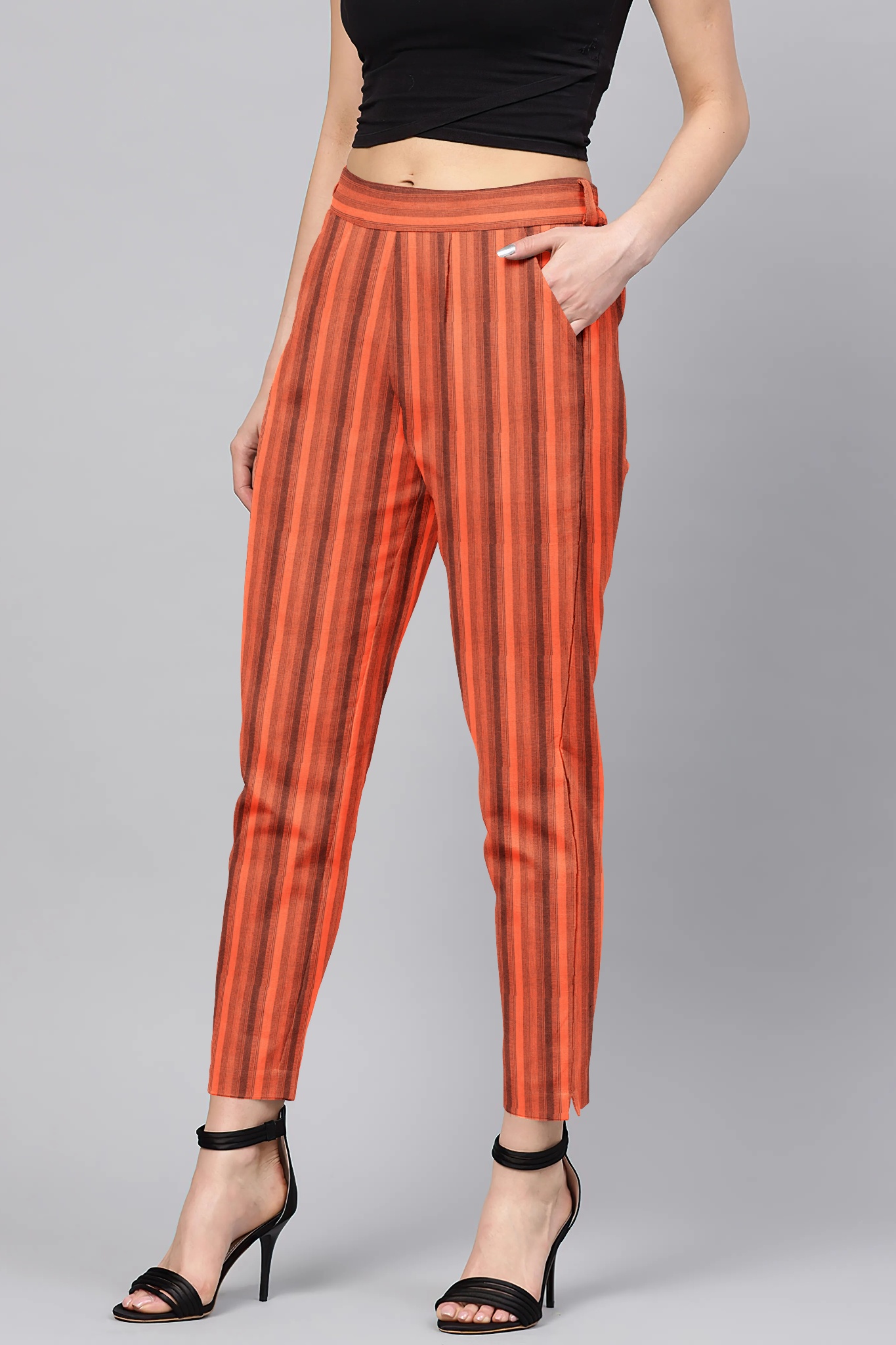 Peach Black Cotton Stripe Regular Fit Solid Trouser-36077