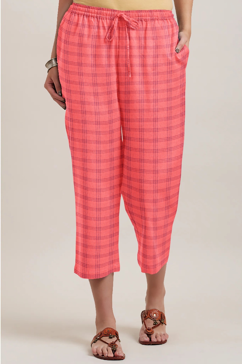 Peach Blue Cotton Triple Line Check Women Culottes-35920