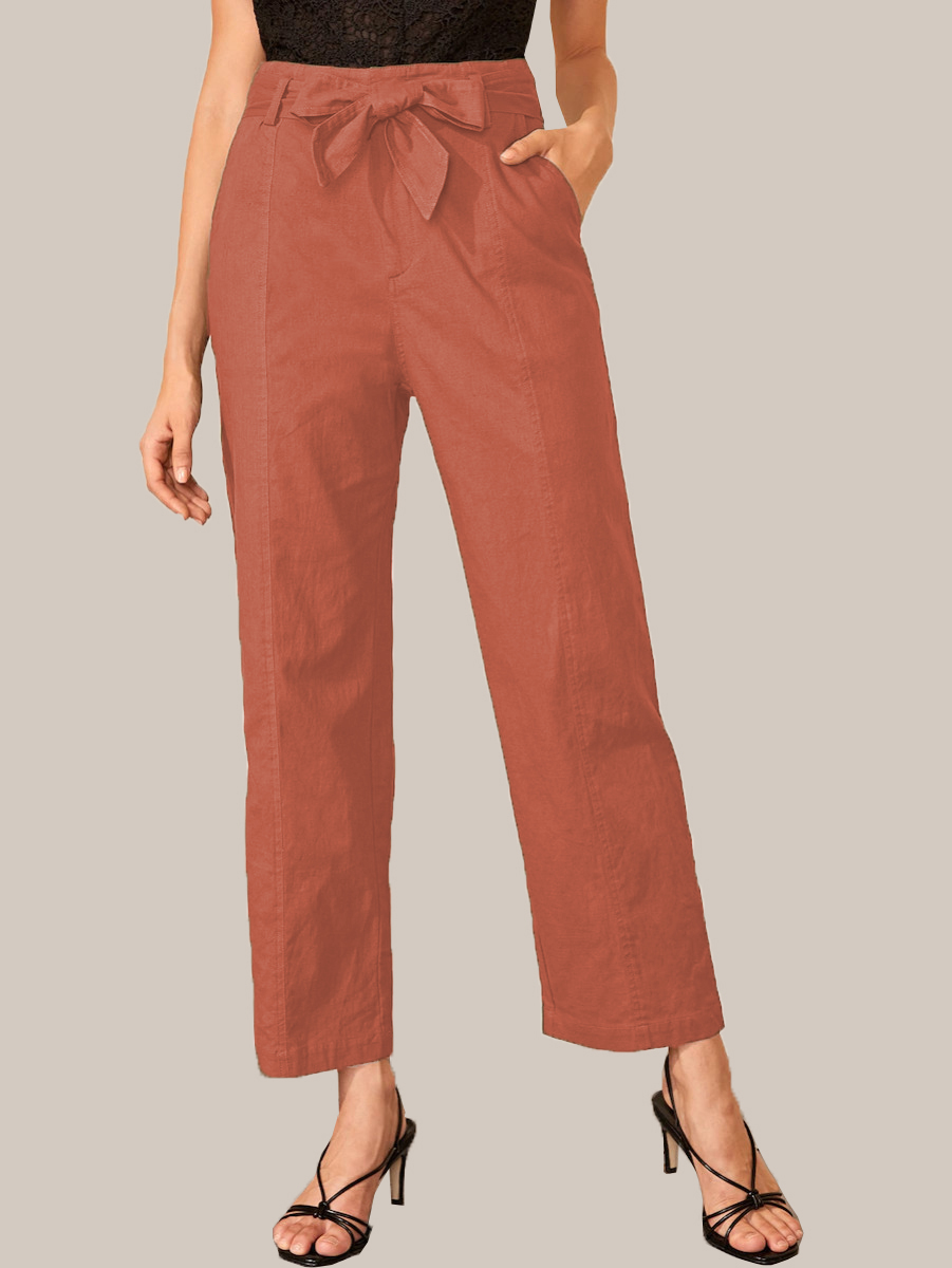 Peach Cotton Solid Wide Leg Pants With Belt-33923
