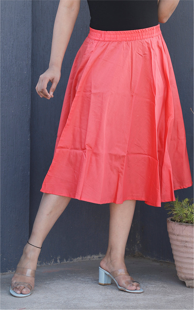 Peach Cotton Women Knee-Length Skirt-35286