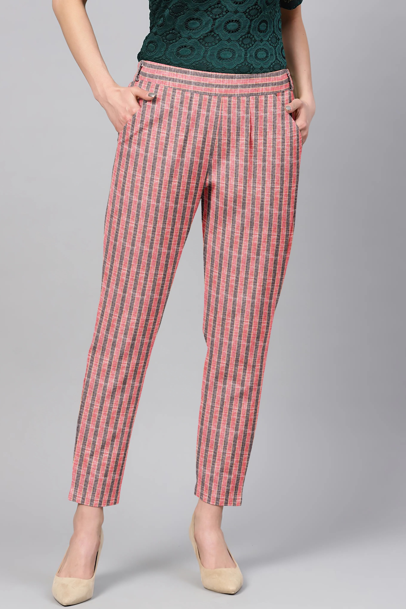 Peach Gray Cotton Stripe Regular Fit Solid Trouser-36108