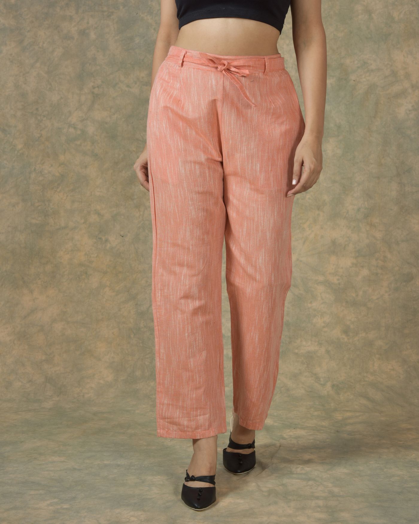 Peach Solid Cotton Belt Pant-10028