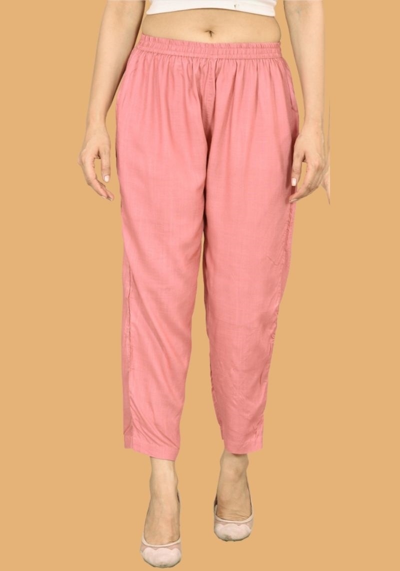 Peach Solid Rayon Slub Women Ankle Length Pant-43579