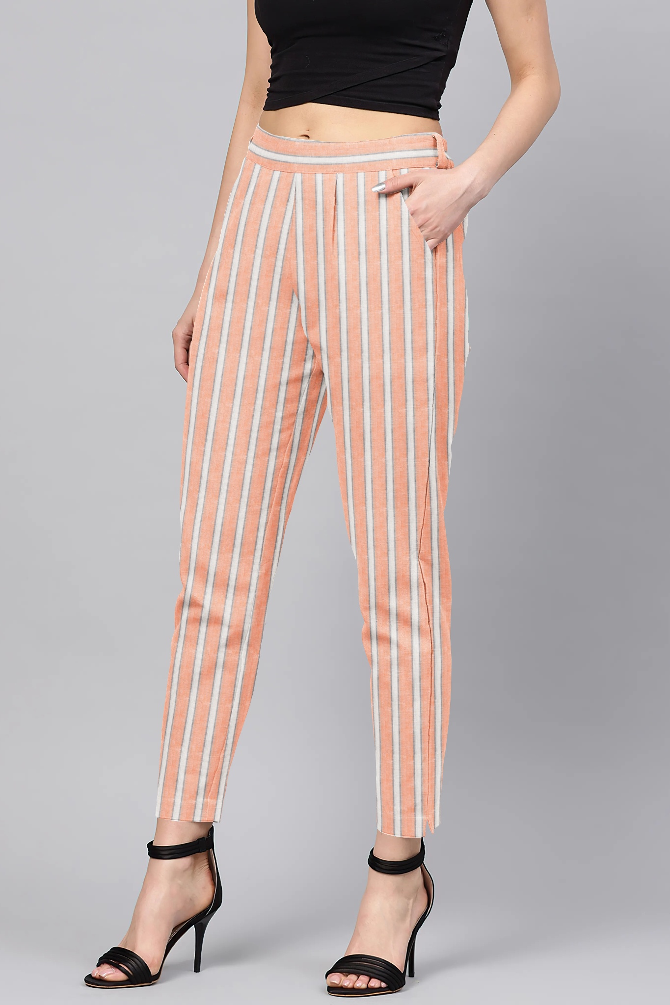 Peach White Cotton Stripe Regular Fit Solid Trouser-36064