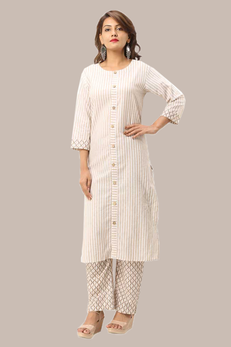 Kurta Pant Set-Peach White Handloom Cotton Kurta Stripe Pant Set-33731