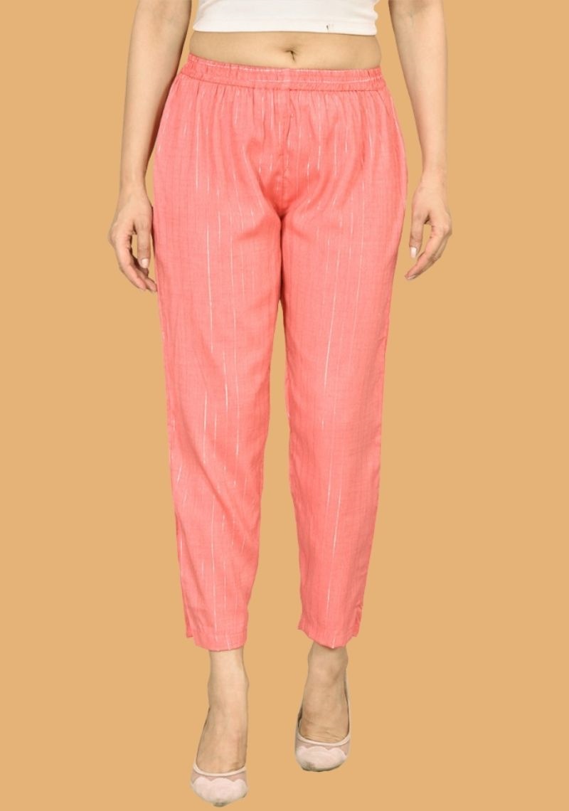 Peach Zari Rayon Slub Women Ankle Length Pant-43580
