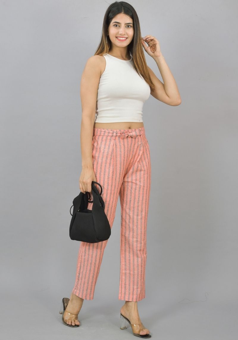 Peach and Black Cotton Stripe Women Trouser-45247