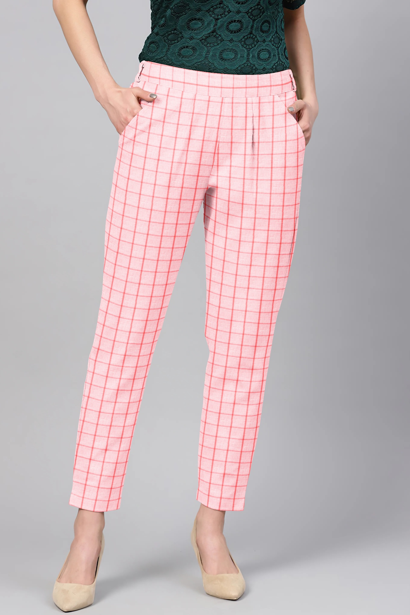 Pink Black Cotton Check Regular Fit Solid Trouser-36094