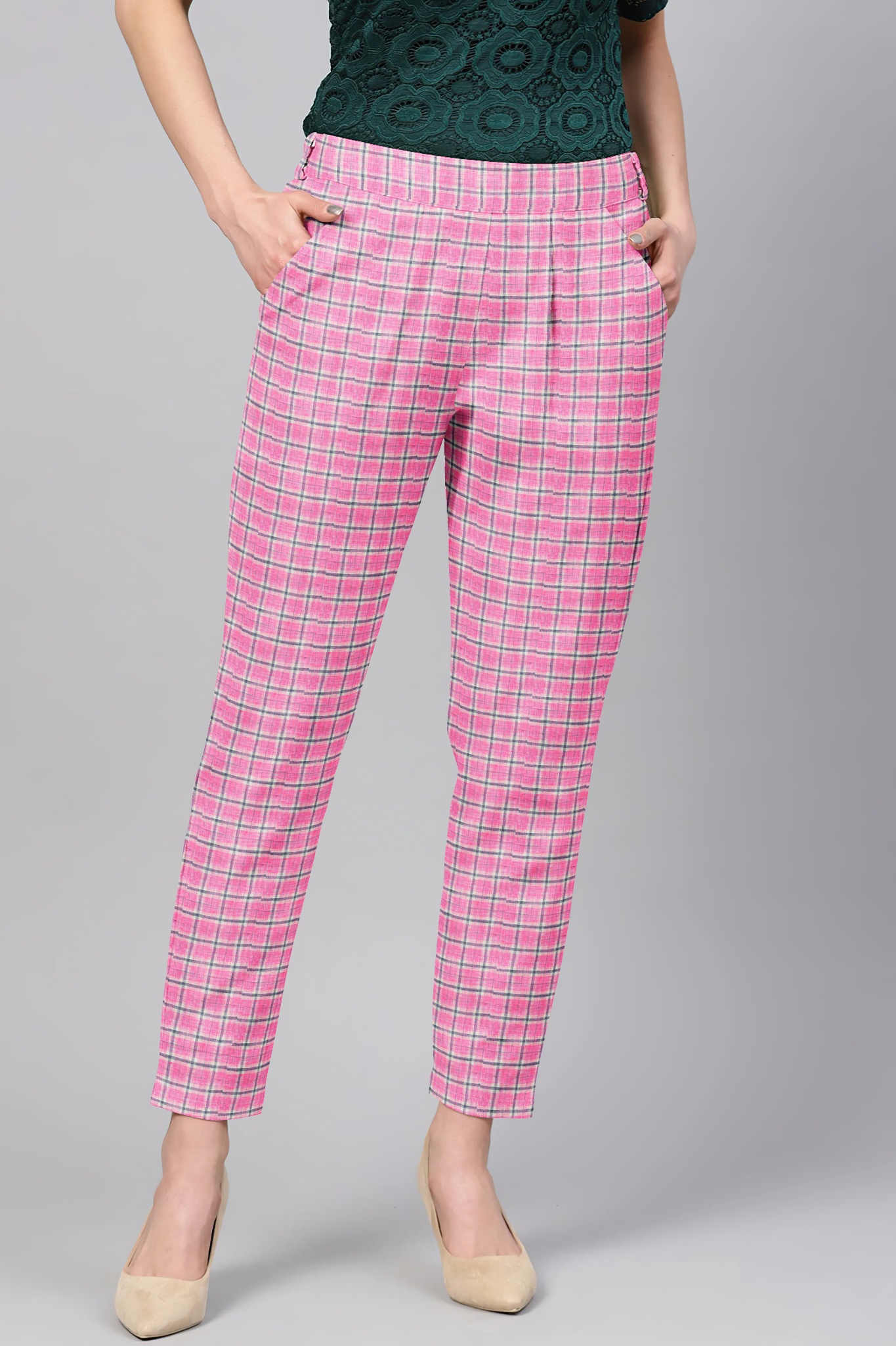 Pink Blue Cotton Check Regular Fit Solid Trouser-36057