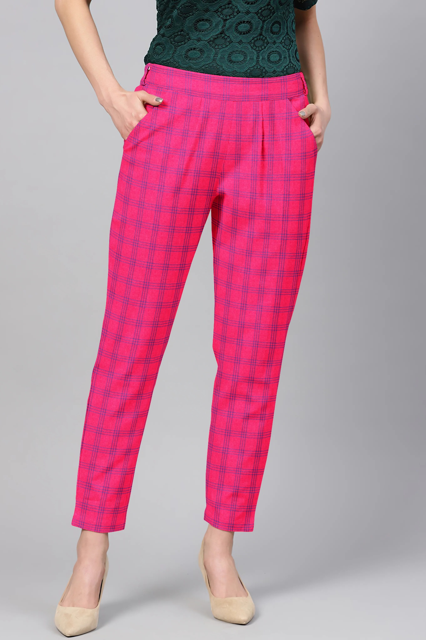 Pink Blue Cotton Check Regular Fit Solid Trouser-36097