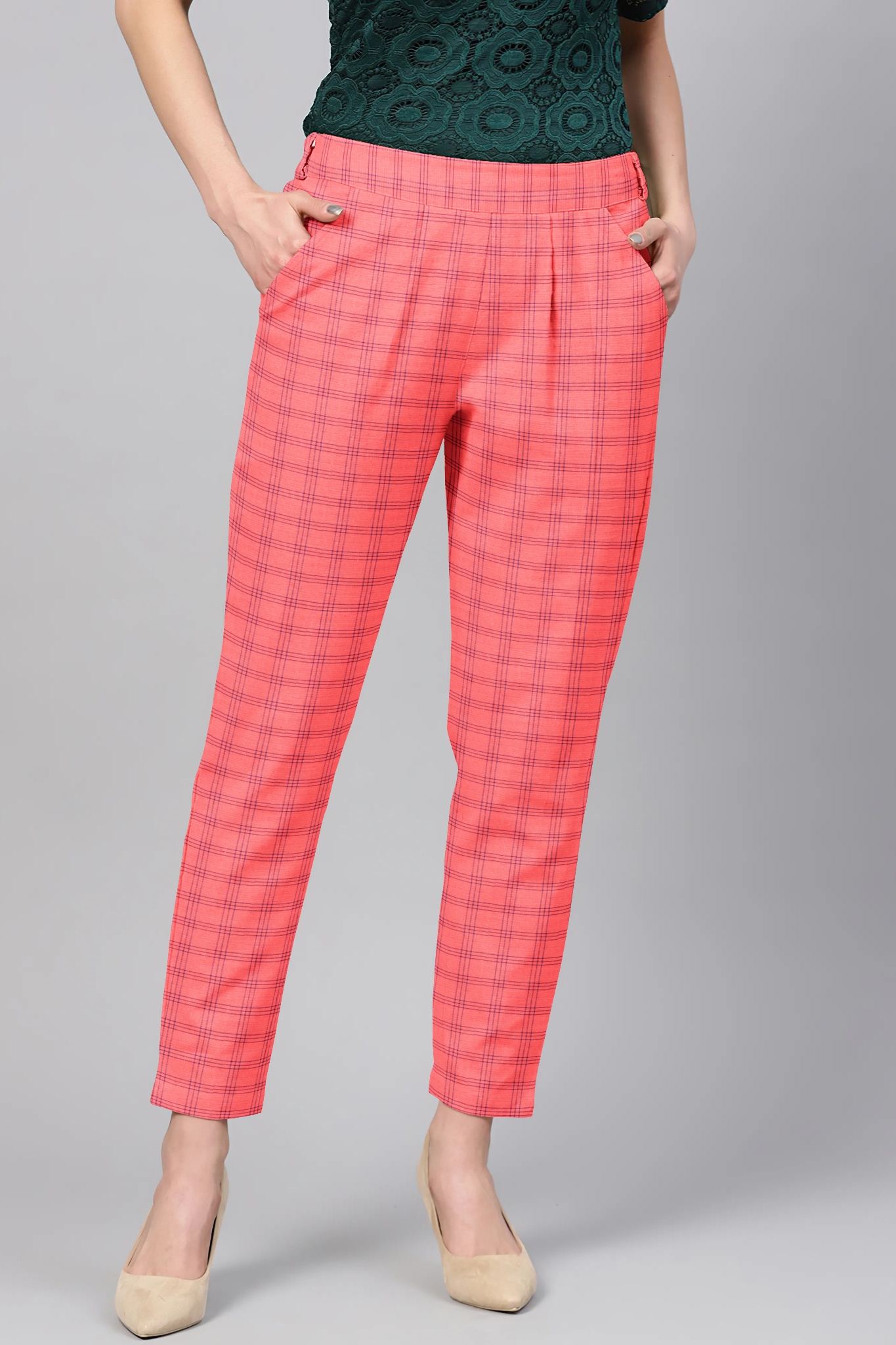 Pink Blue Cotton Check Regular Fit Solid Trouser-36101