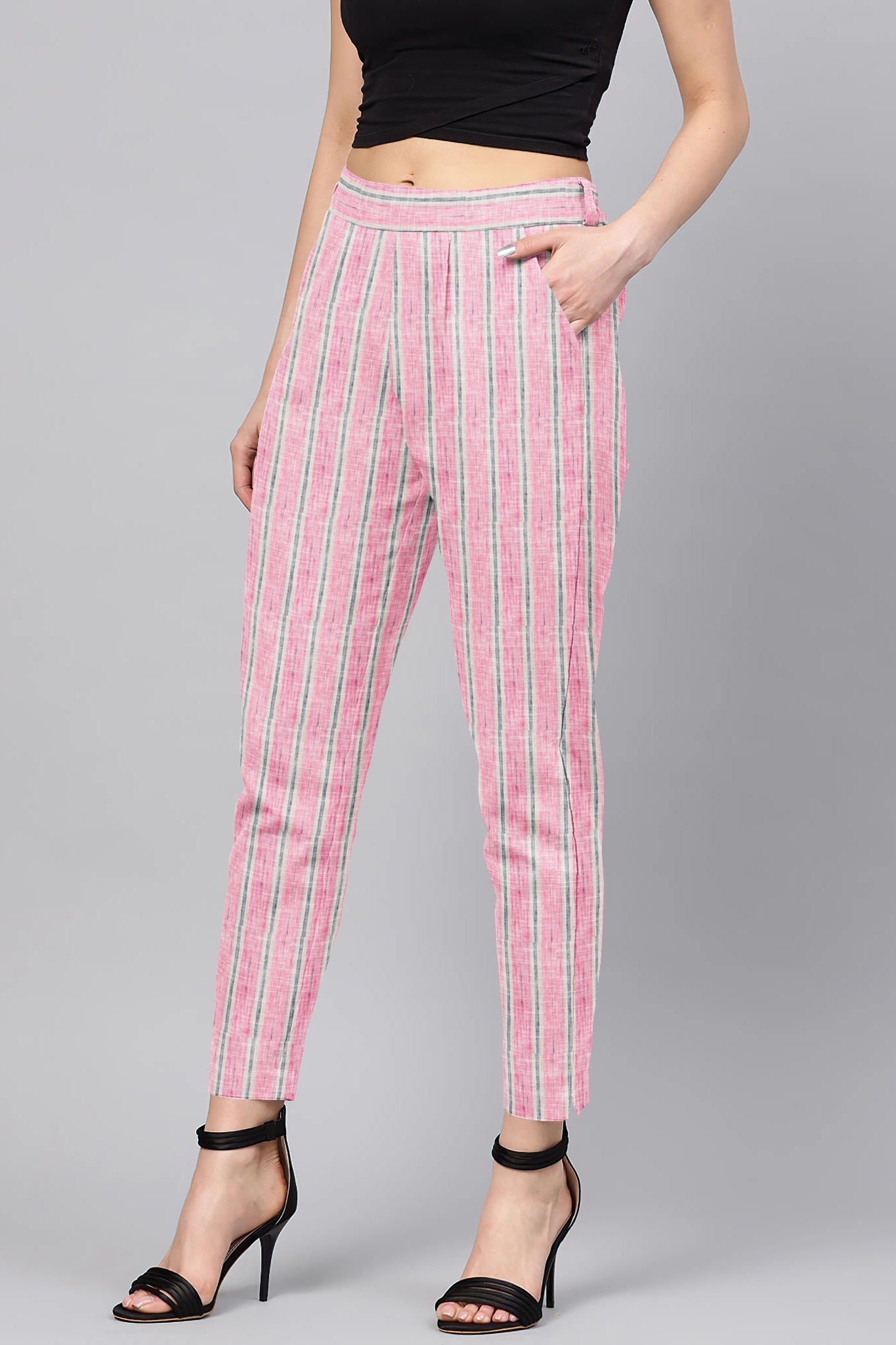 Pink Blue Cotton Stripe Regular Fit Solid Trouser-36072