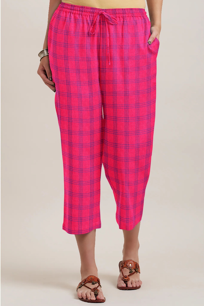 Pink Blue Cotton Triple Line Check Women Culottes-35919