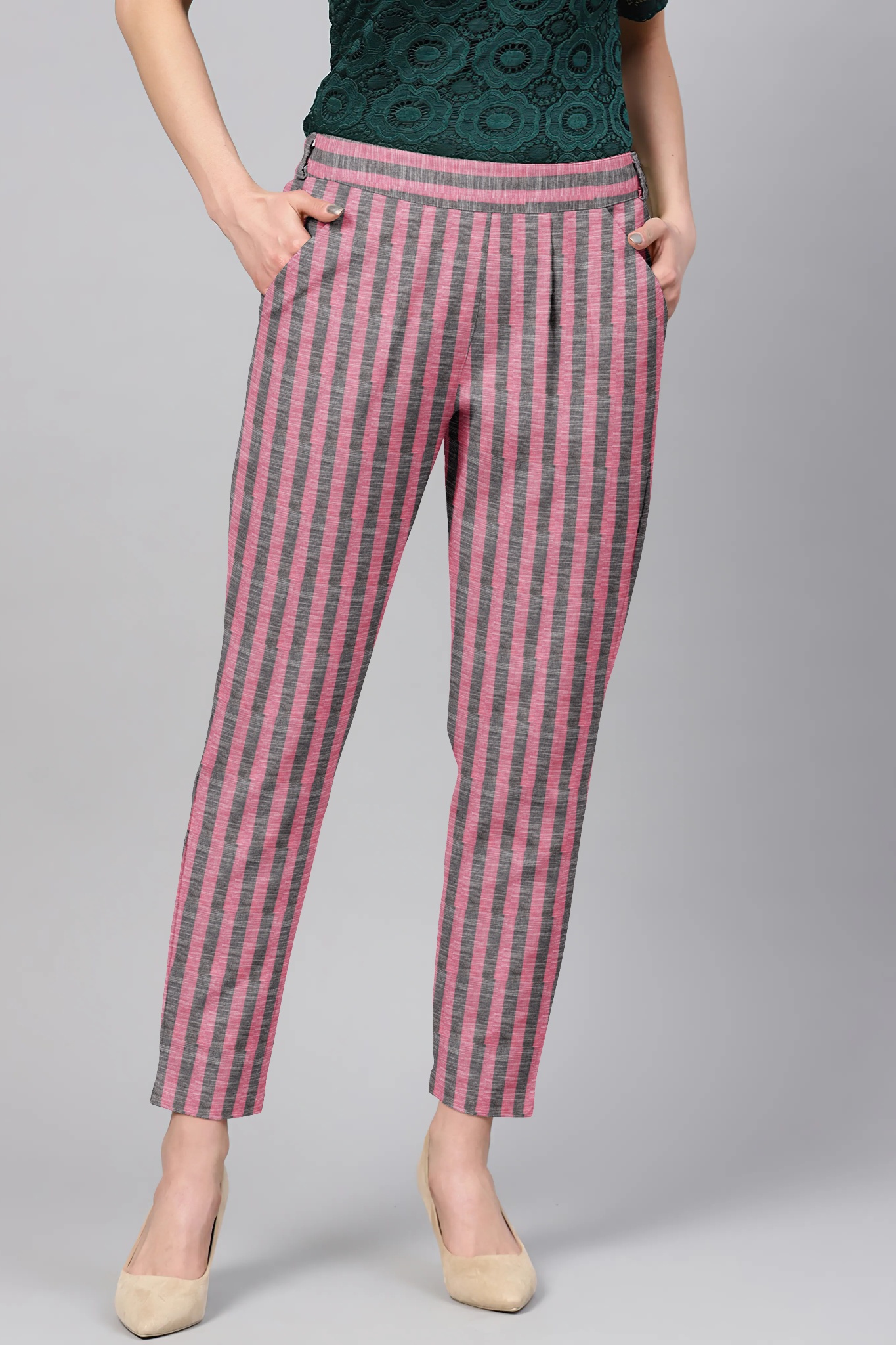 Pink Gray Cotton Stripe Regular Fit Solid Trouser-36107