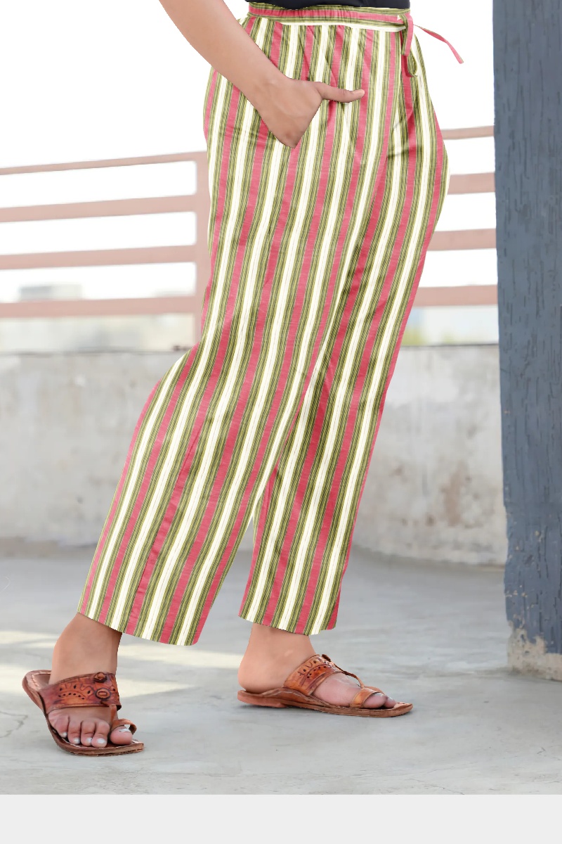 Pink Green and Yellow Cotton Khadi Striped Loose Pant-35880
