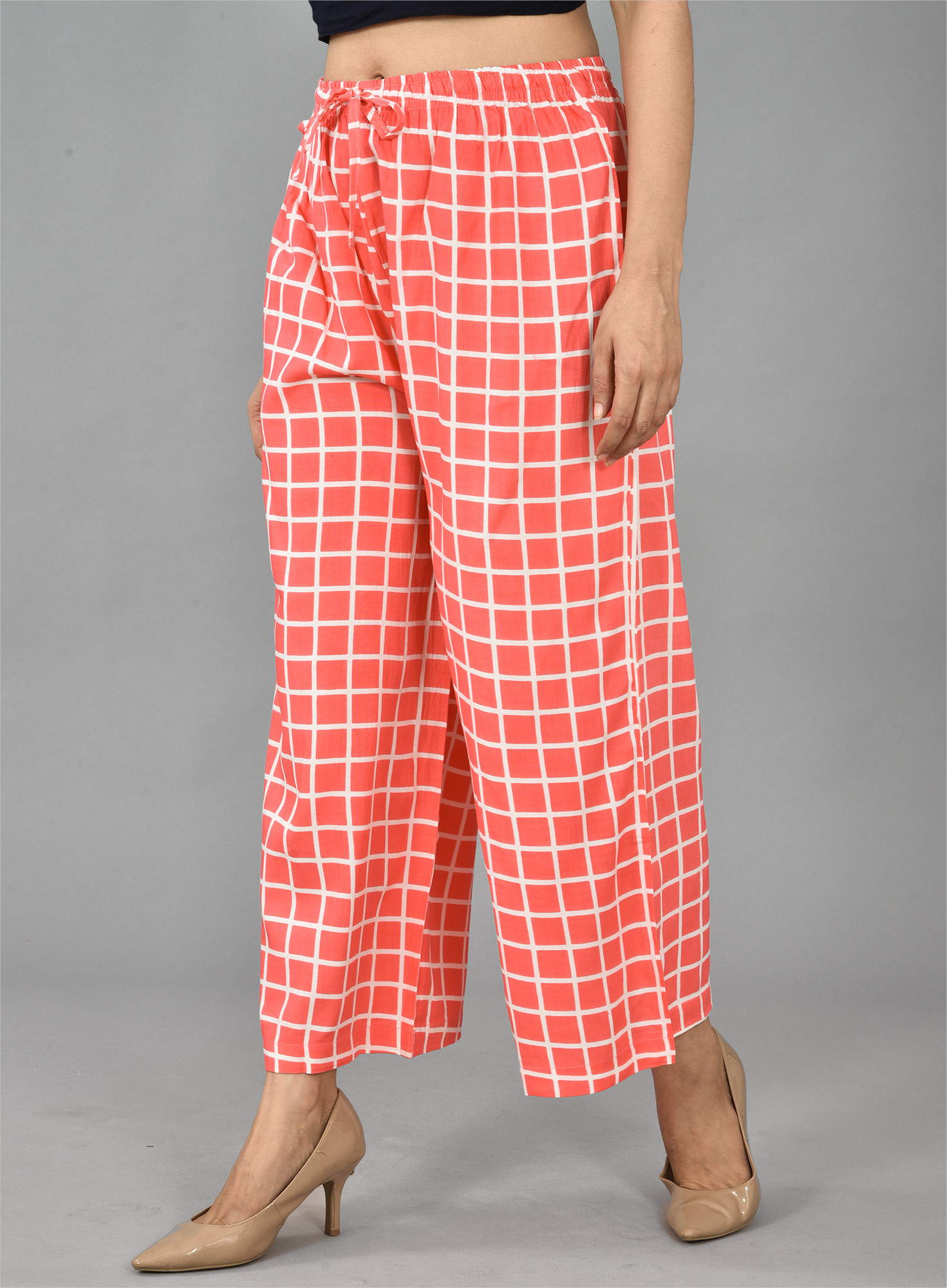 Pink White Cotton Checks Palazzo Pant-36719