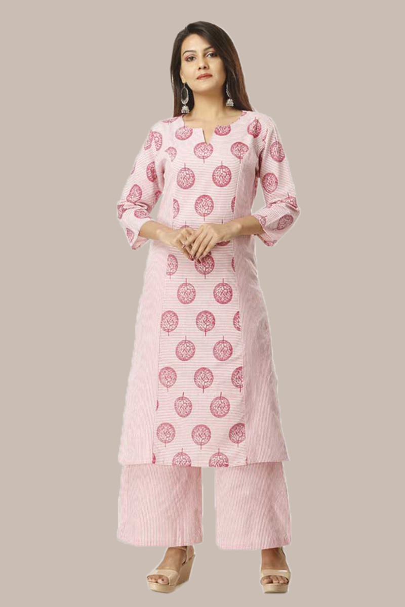 Kurta Pant Set-Pink White Handloom Cotton Kurta Stripe Palazzo Set -33739