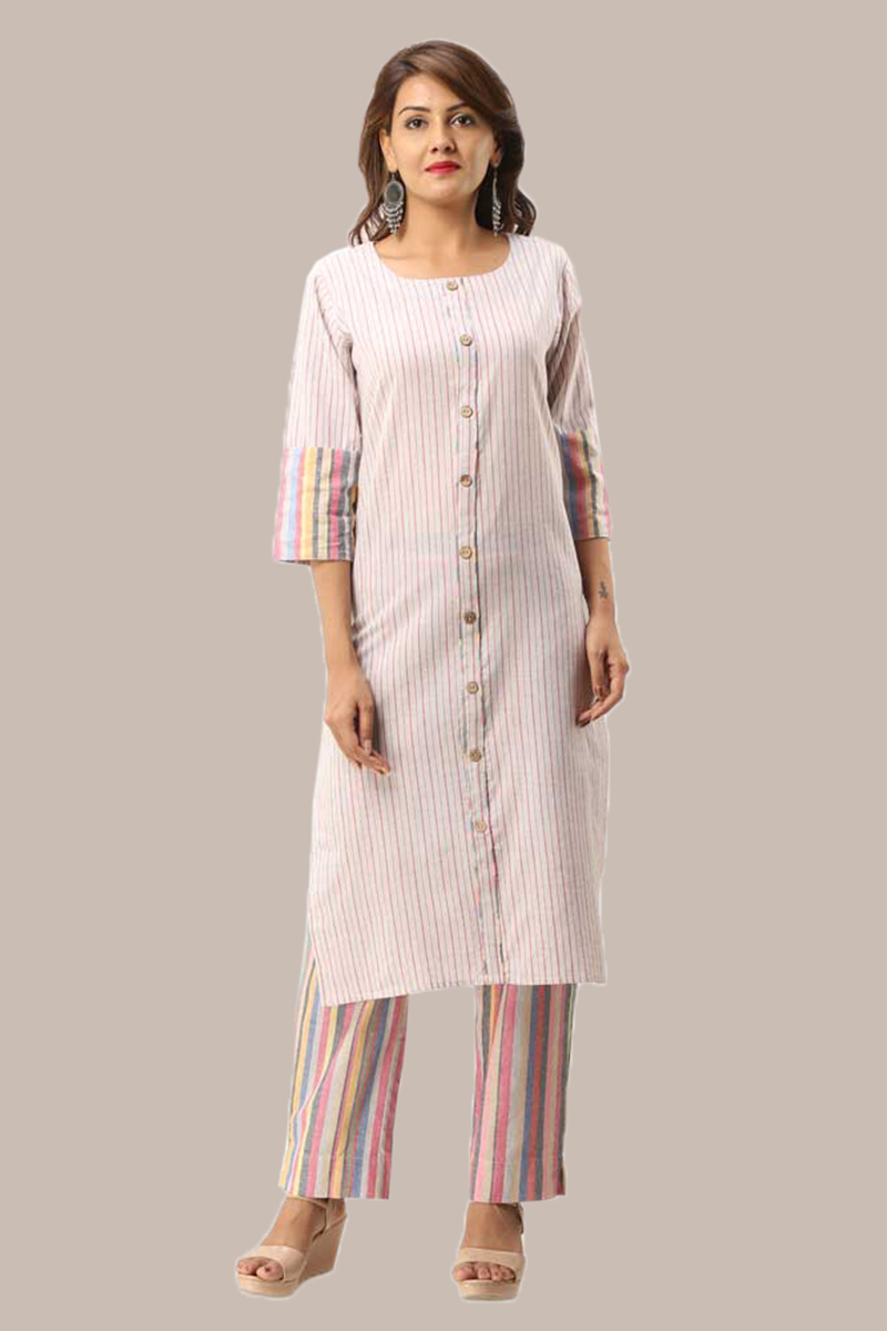 Kurta Pant Set-Pink White Handloom Cotton Kurta Stripe Pant Set-33726