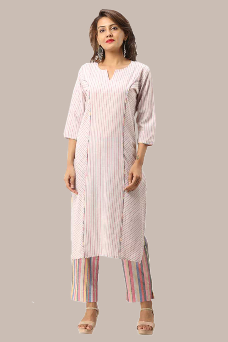 Kurta Pant Set-Pink White Handloom Cotton Kurta Stripe Pant Set-33727