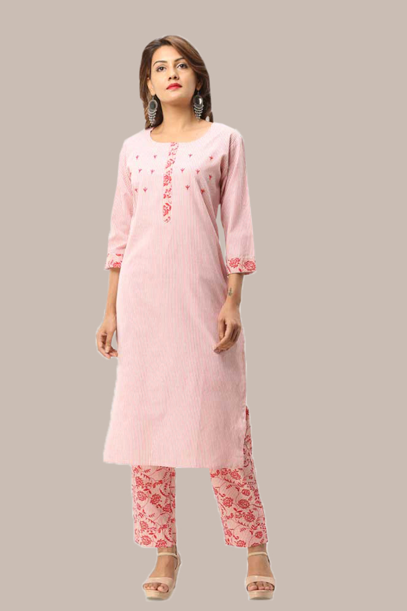 Kurta Pant Set-Pink White Handloom Cotton Kurta Stripe Pant Set-33732