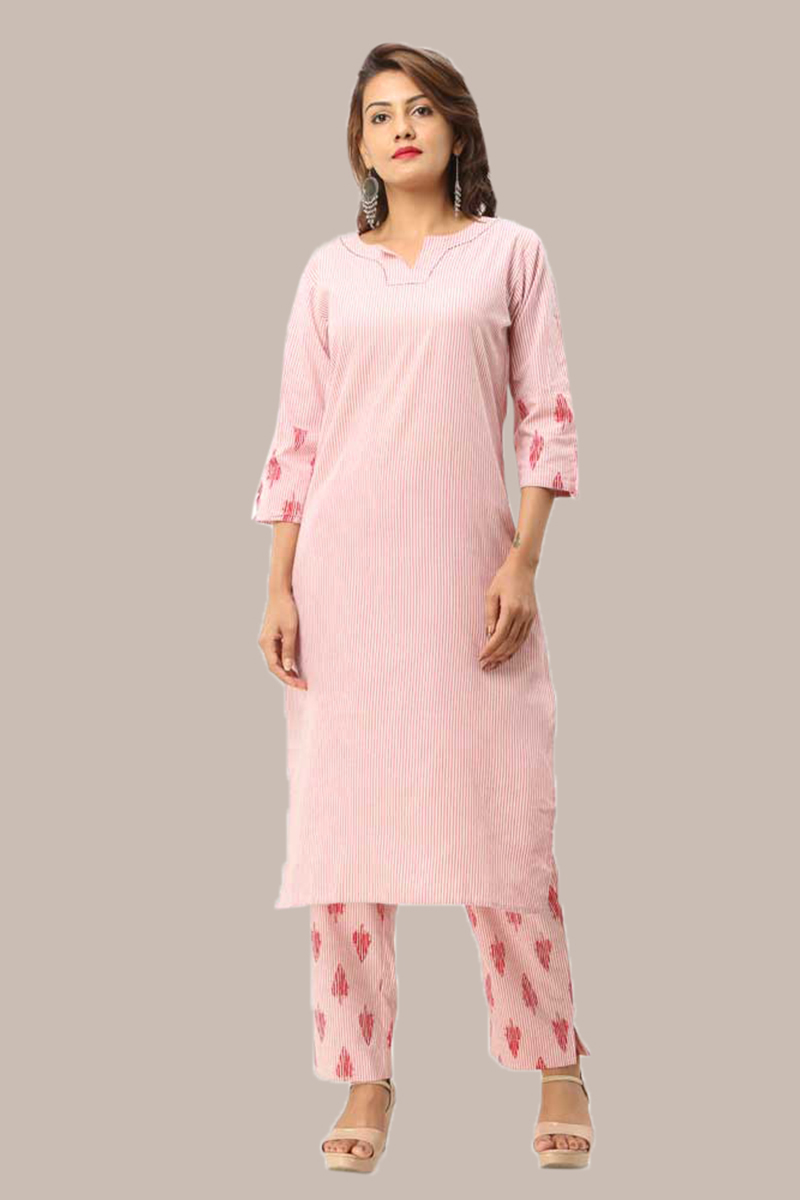 Kurta Pant Set-Pink White Handloom Cotton Kurta Stripe Pant Set-33733