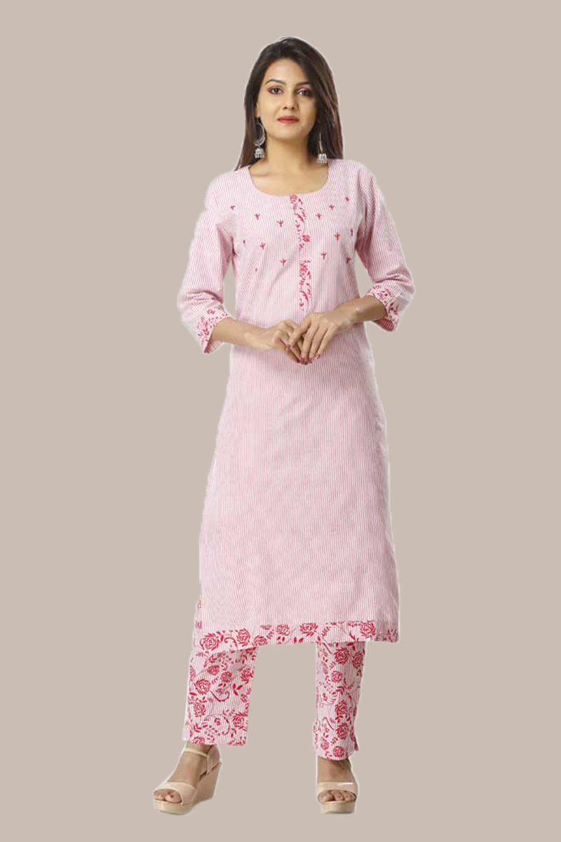 Kurta Pant Set-Pink White Handloom Cotton Kurta Stripe Pant Set-33740