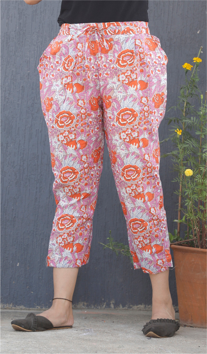 Pink White and Red Floral Block Print Cotton Pant-34118