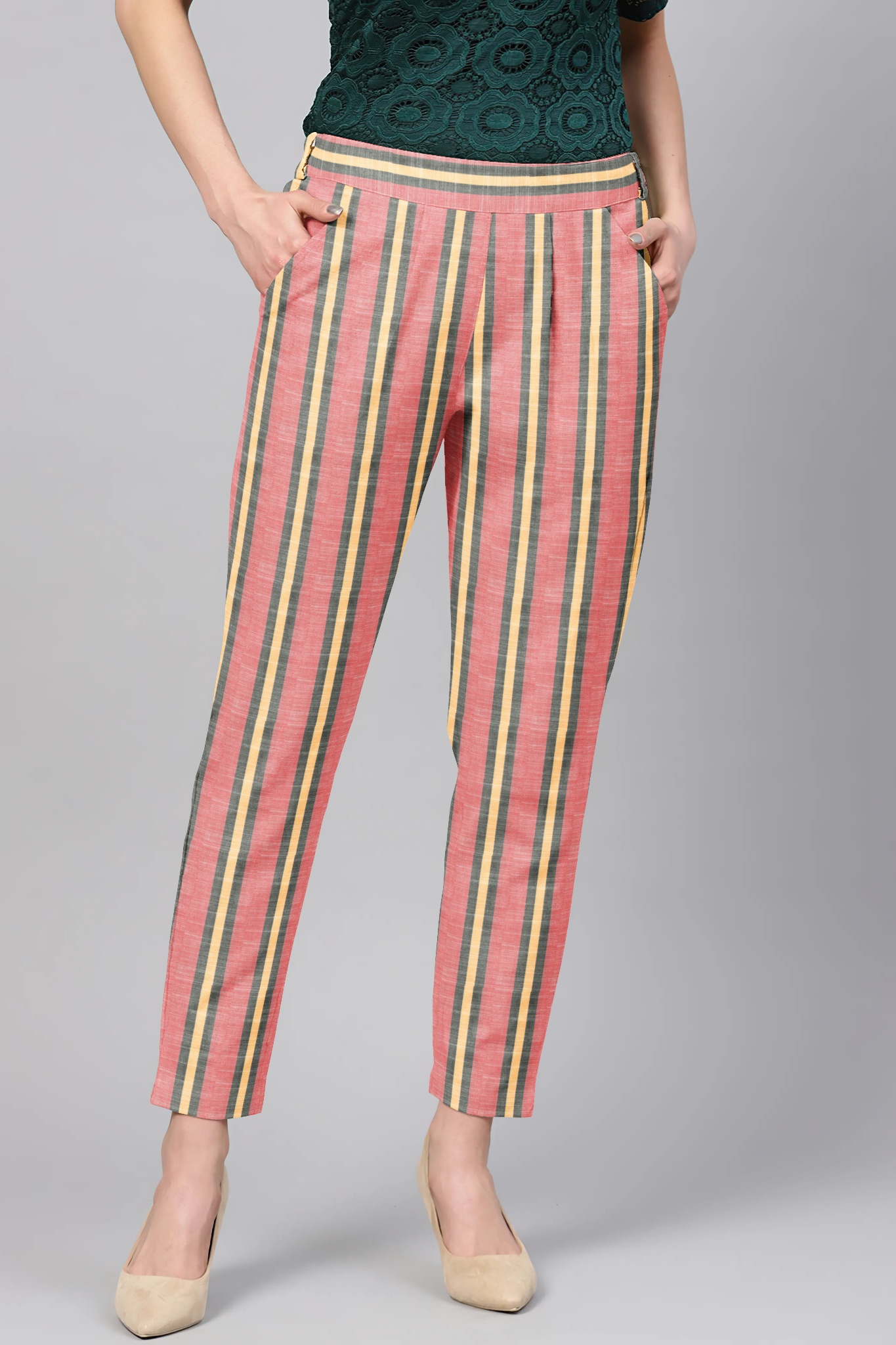 Pink Yellow Cotton Stripe Regular Fit Solid Trouser-36087