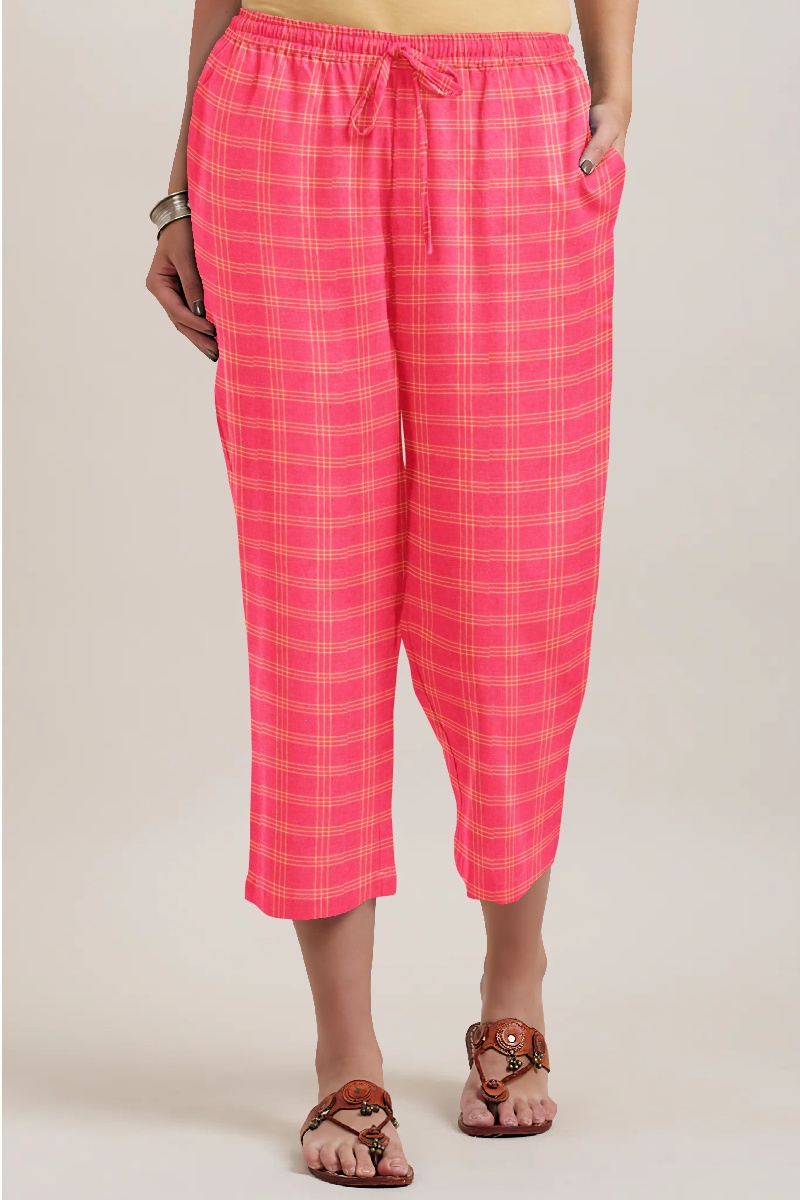 Pink Yellow Cotton Triple Line Check Women Culottes-35928