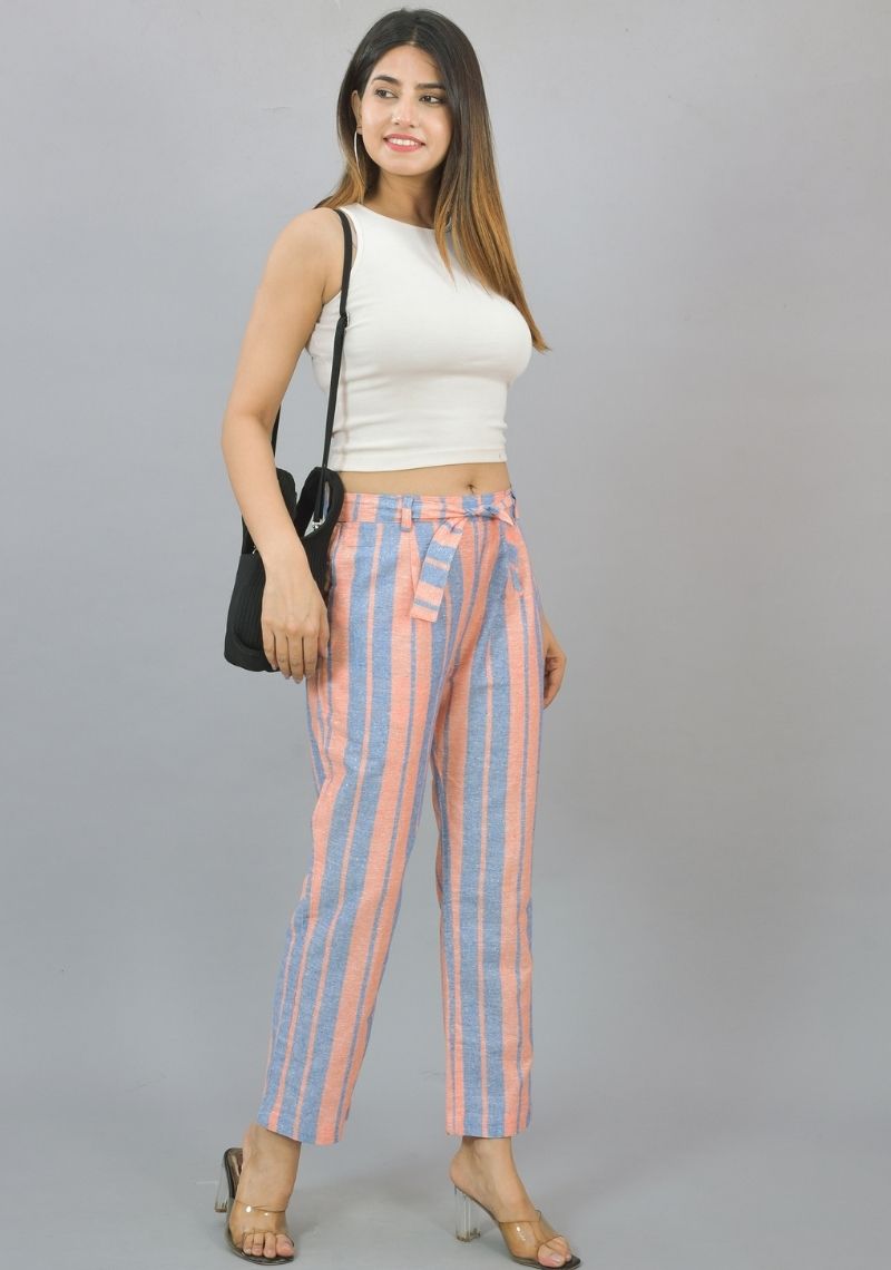 Pink and Blue Cotton Stripe Women Trouser-45245