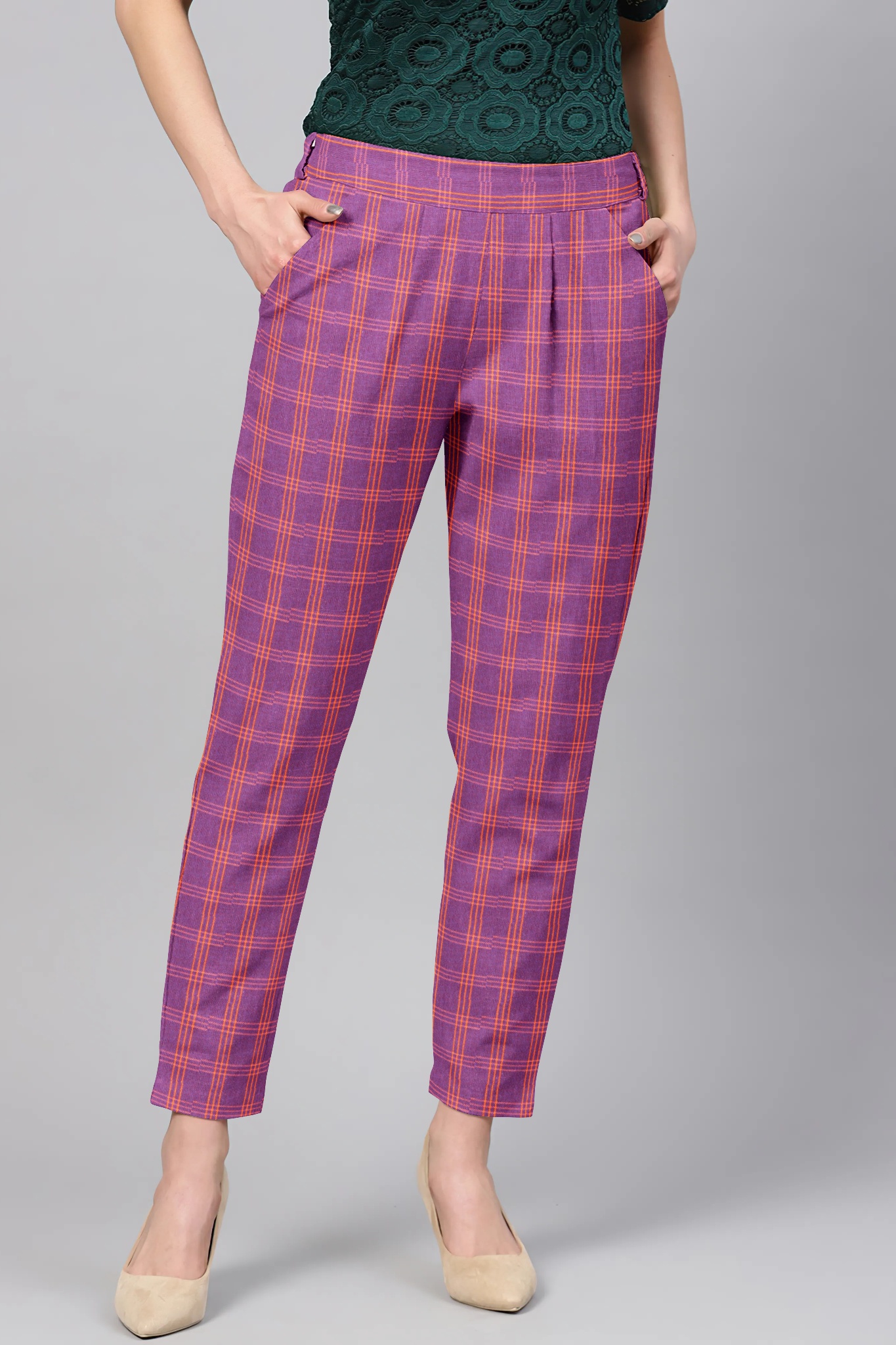 Purple Orange Cotton Check Regular Fit Solid Trouser-36103