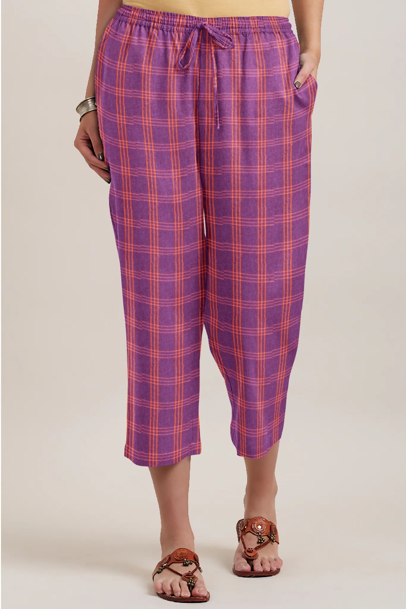 Purple Orange Cotton Triple Line Check Women Culottes-35923