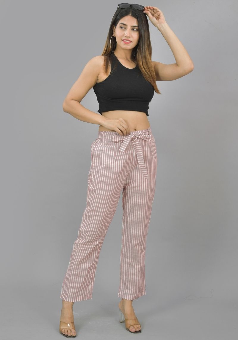 Purple and White Cotton Stripe Women Trouser-45251
