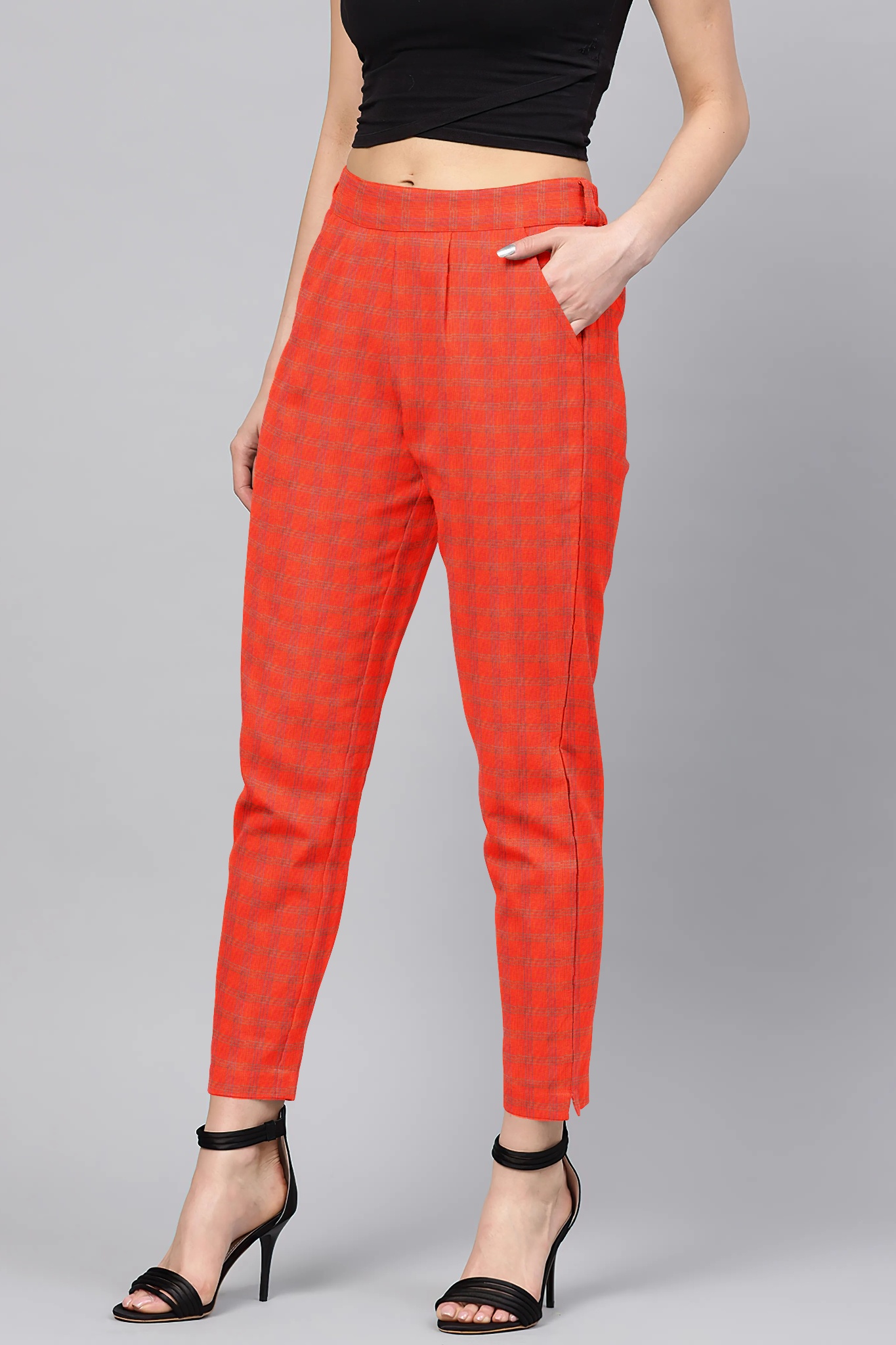 Red Black Cotton Check Regular Fit Solid Trouser-36056