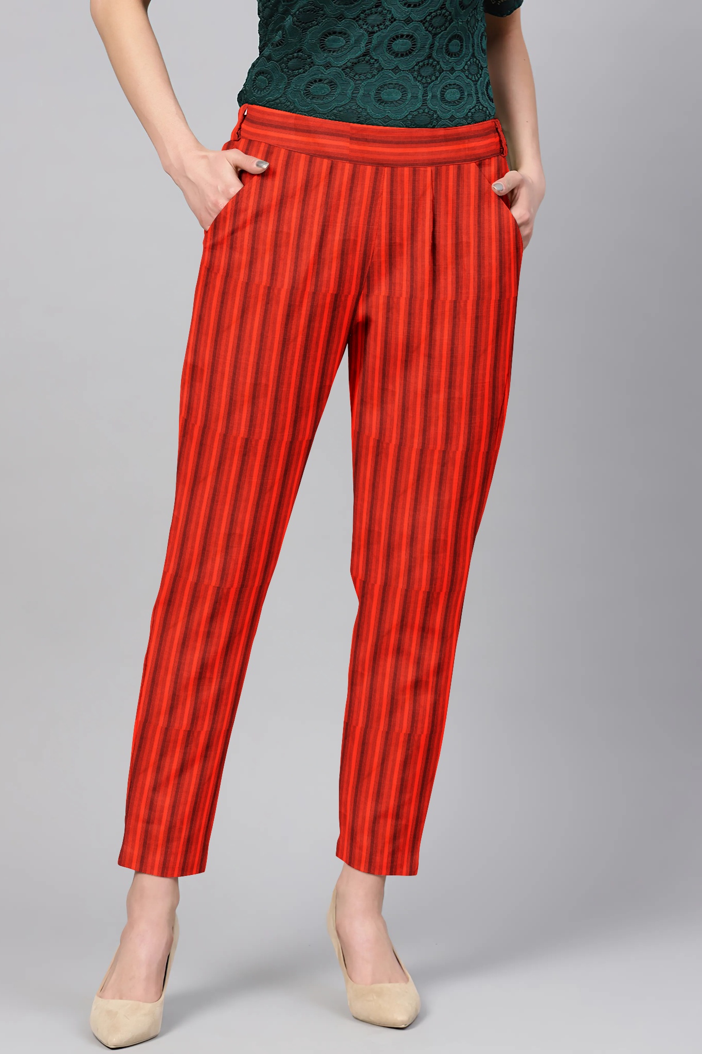 Red Black Cotton Stripe Regular Fit Solid Trouser-36080