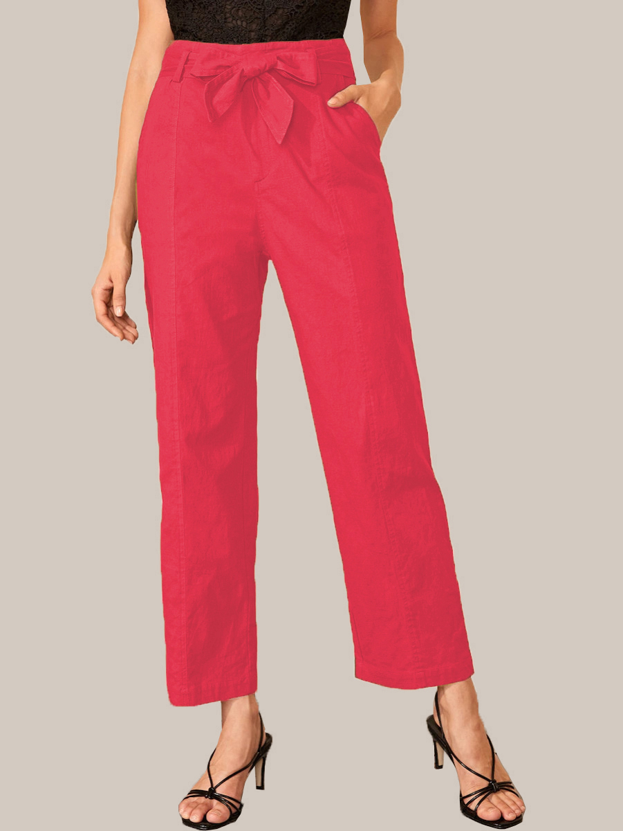 Red Cotton Solid Wide Leg Pants With Belt-33934