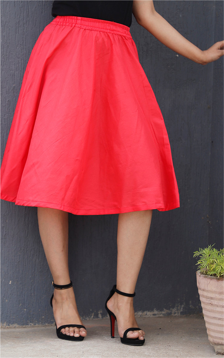 Red Cotton Women Knee-Length Skirt-35296
