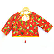 Red-Green and Yellow Bird Kalamkari Print Cotton Blouse-30037