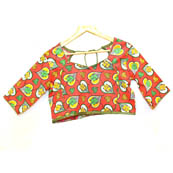 Red-Green and Yellow Buddha Kalamkari Print Cotton Blouse-30024
