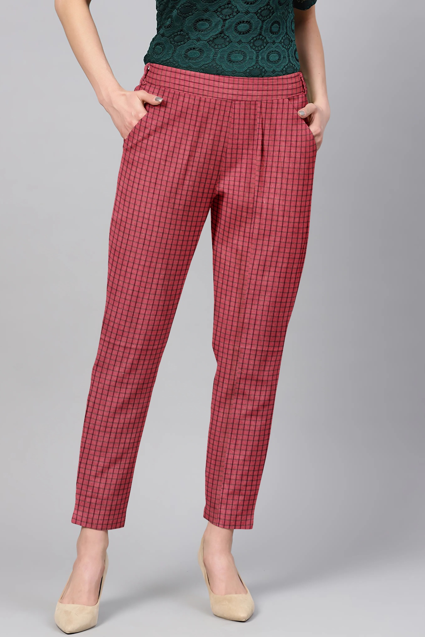Red Maroon Cotton Check Regular Fit Solid Trouser-36109