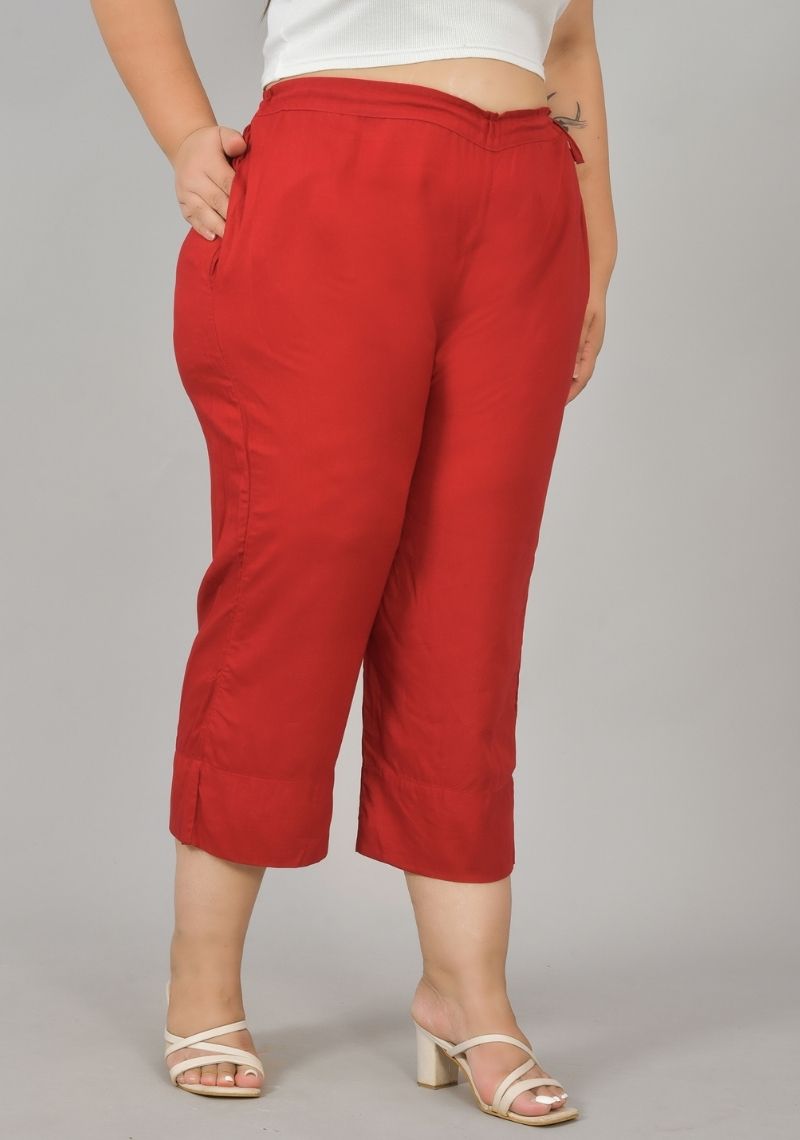 Red Rayon Plus Size Ankle Length Women Pant-48412