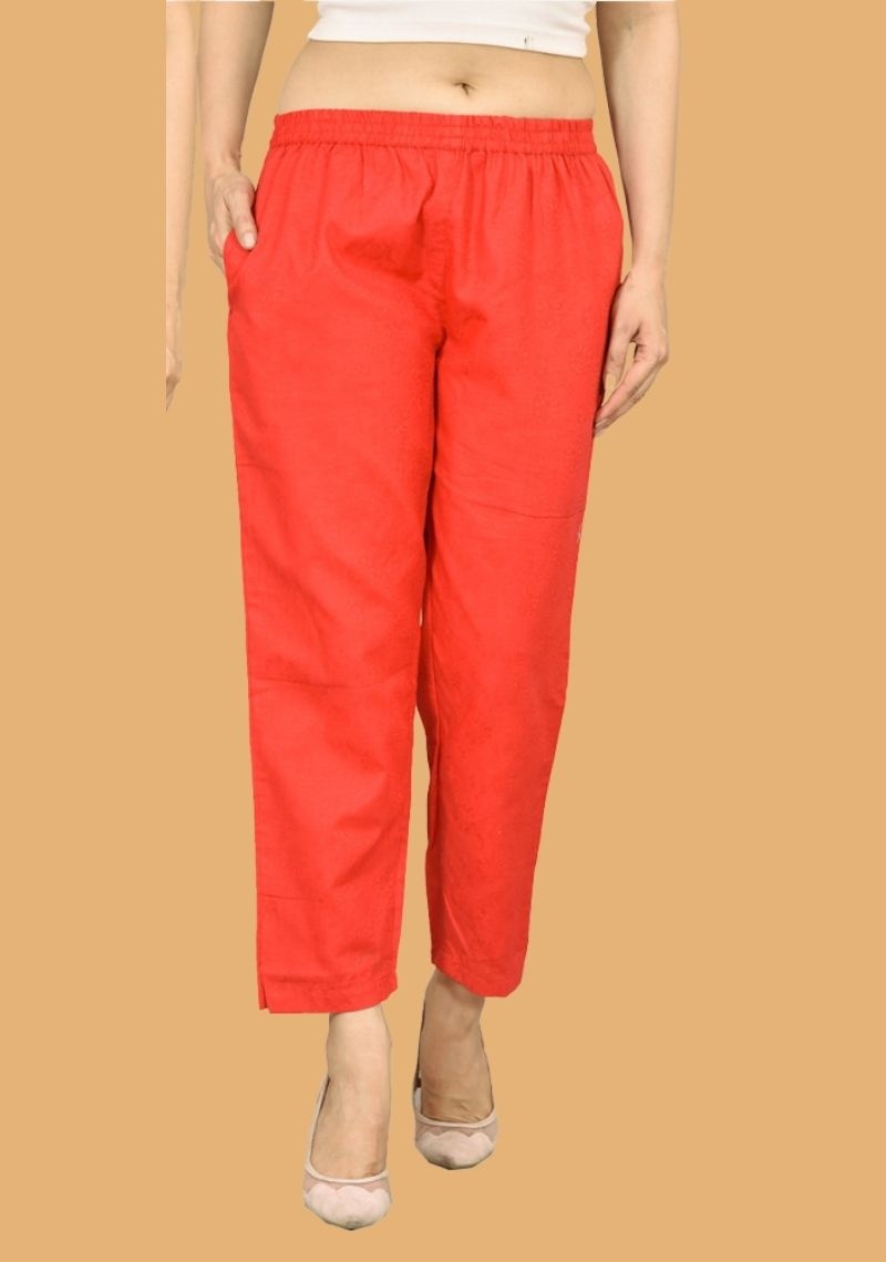 Red Solid Matty Jacquard Women Ankle Length Pant-43574
