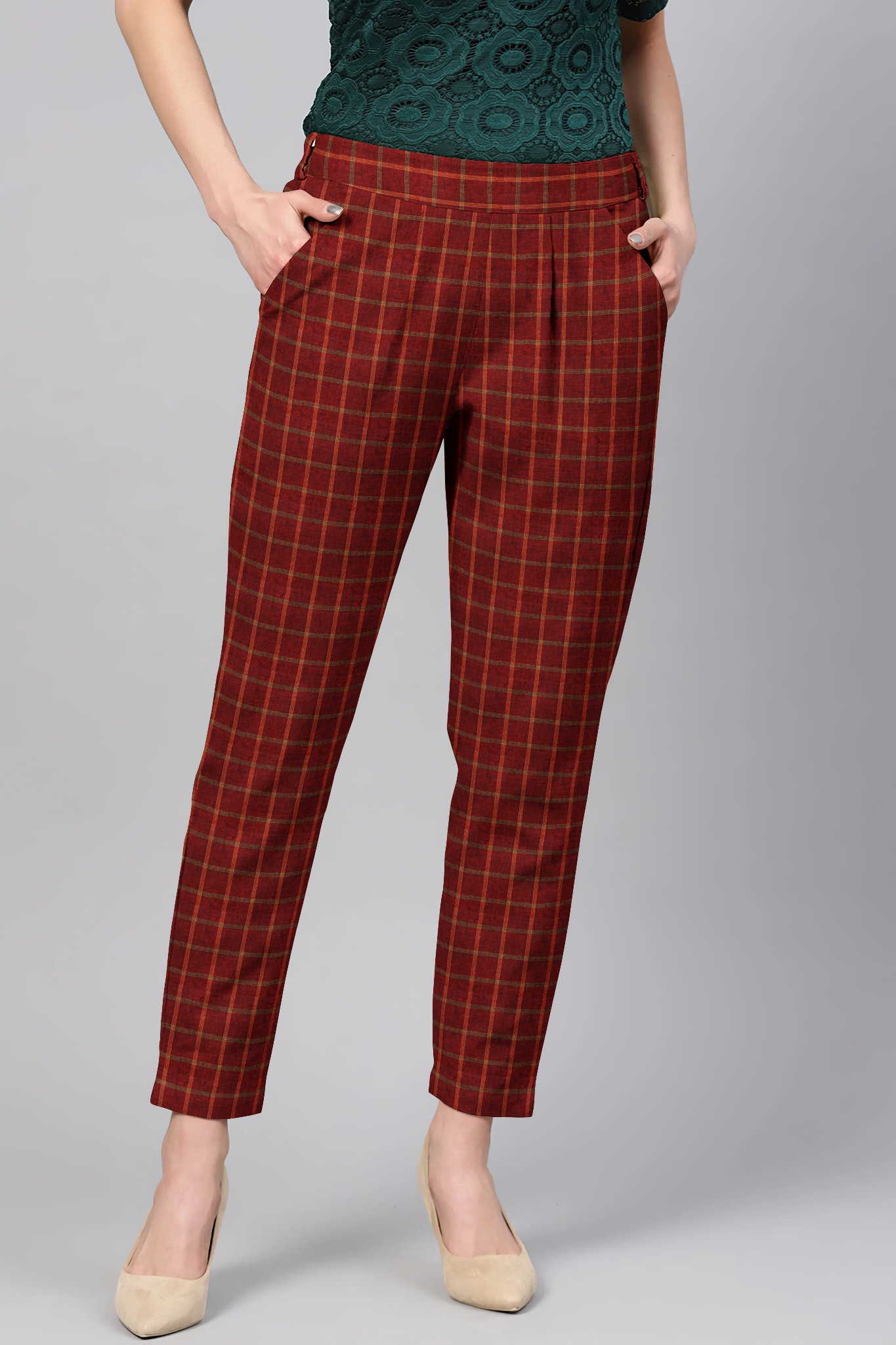 Red White Cotton Check Regular Fit Solid Trouser-36069