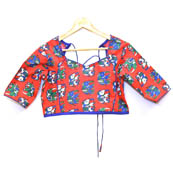 Red-White and Blue Elephant Kalamkari Print Cotton Blouse-30023