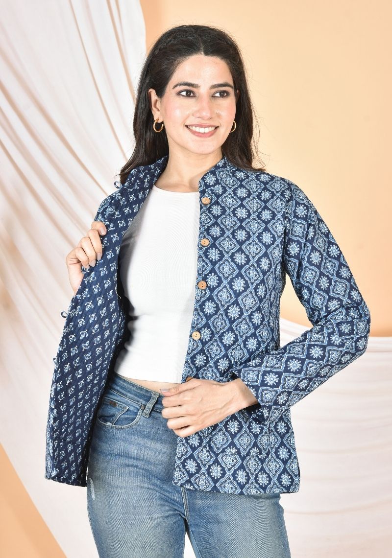 Reversible Full Sleeves Cotton Block Printed Quilted Jacket Indigo and White-50480