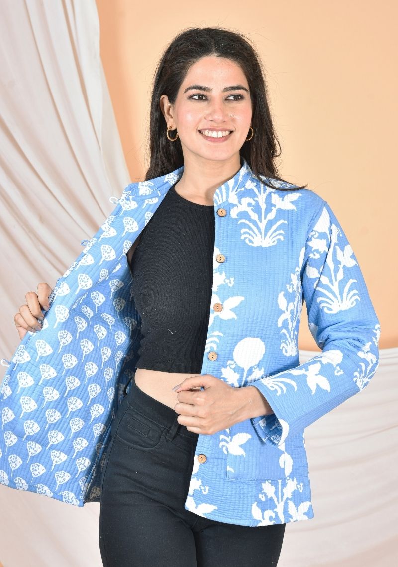 Reversible Full Sleeves Cotton Block Printed Quilted Jacket Sky Blue and White-50493