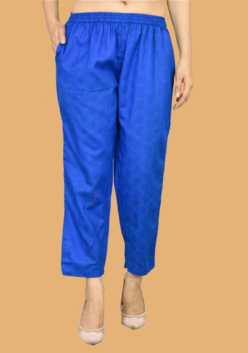 Royal Blue Solid Matty Jacquard Women Ankle Length Pant-43575